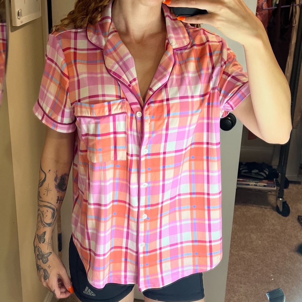 Cozy Plaid Women's Pajama Top in Pink and Orange
